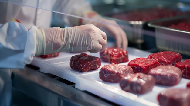 Photo la main gantée inspecte les échantillons de viande cultivée