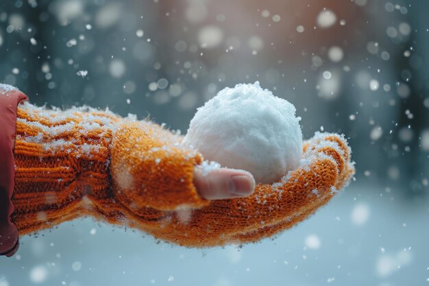 La main gantée tenant une boule de neige par une journée de neige.