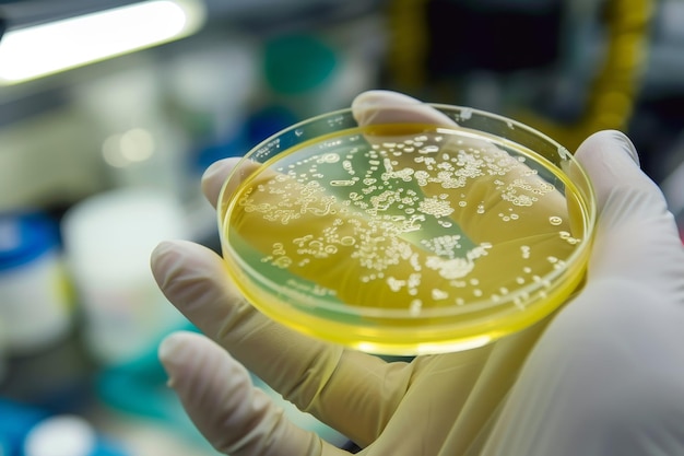 Une main gantée tient une boîte de Petri avec une culture bactérienne une plaque d'agar pleine de micro-bactéries et de micro-organismes