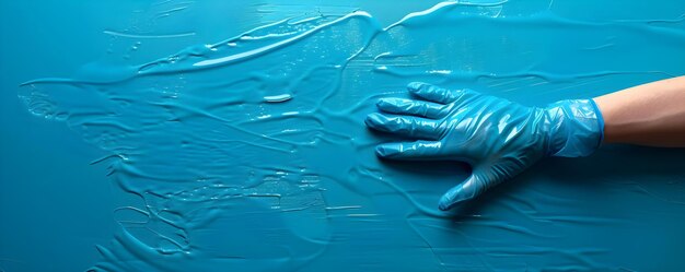 La main à gants bleus sanitaires court doucement le long de la surface en gardant l'assainissement impeccable intact Concept Sanitisation Hygiène propreté Pratiques sanitaires