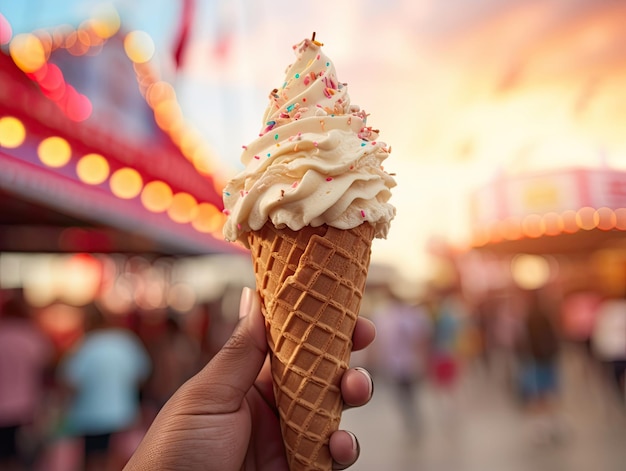 Main avec de la glace dans un cornet et fête foraine floue en arrière-plan