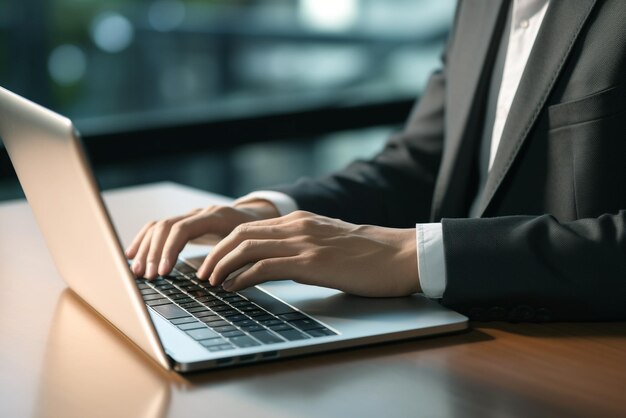 main d'homme d'affaires en appuyant sur le clavier de l'ordinateur portable fermé et soft focus AI générative