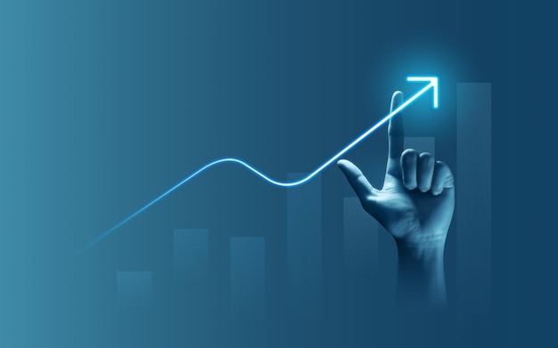 Photo main d'homme d'affaires dessin flèche légère icône graphique finance succès diagramme de fond d'affaires de développement de graphique financier de croissance ou de croissance économique et symbole de réalisation d'objectif sur la stratégie marketing