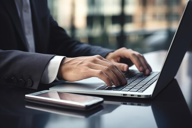 Une main d'un homme d'affaires sur une table tapant sur un clavier d'ordinateur portable reflétant le travail et l'efficacité
