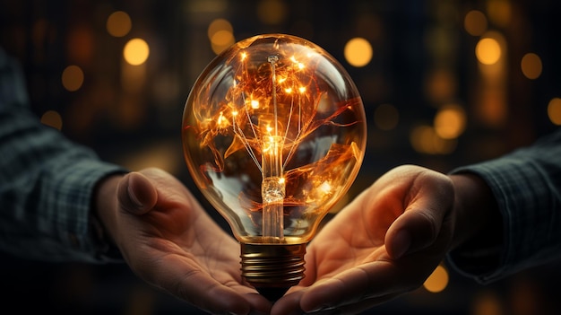 main d'un homme d'affaires tenant une ampoule dans un bureau sombre concept d'innovation et d'inspiration