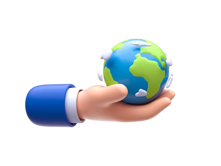 Photo main d'homme d'affaires tenant la terre bleue sur un fond blanc isolé rendu d'illustration 3d