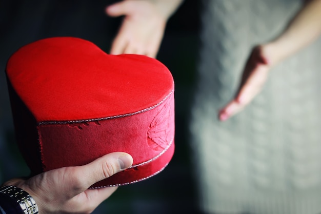 La main de l'homme donne un couple de coeur de la Saint-Valentin