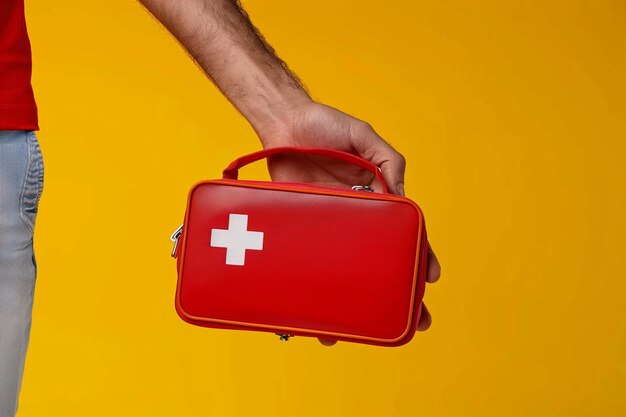 Photo la main d'un homme hispanique tenant une trousse de premiers soins sur un fond jaune isolé