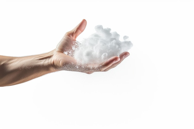 Photo main d'homme jetant des nuages flottants sur fond blanc