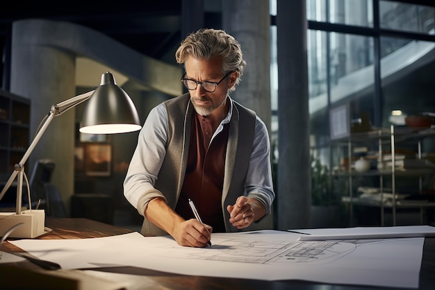 Une main d'homme regarde un dessin d'un bâtiment avec une ville en arrière-plan