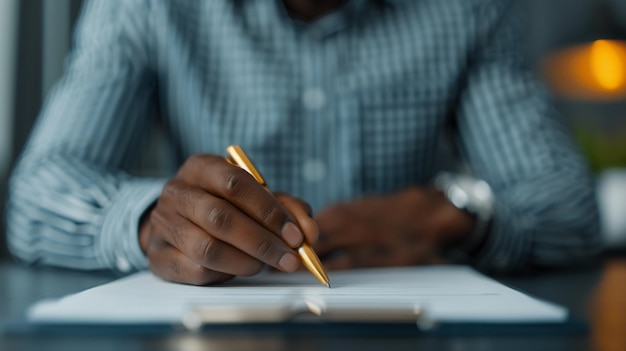 Une main d'homme signant un document avec un stylo en or