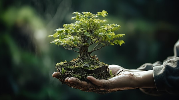 La main d'un homme tenant un arbre indiquant l'importance de l'arbre IA générative