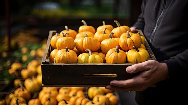 une main d'homme tenant une boîte en bois avec de la citrouille