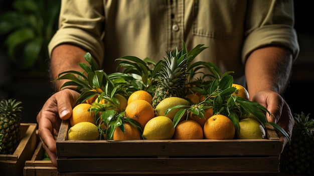 une main d'homme tenant une boîte en bois avec un fruit d'épinape