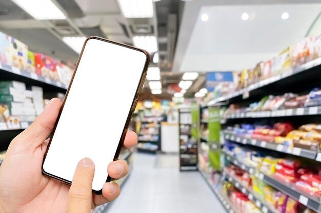 La main d'un homme tenant un smartphone noir Smartphone à écran tactile dans une main Supermarchés flous comme point d'achat de biens essentiels
