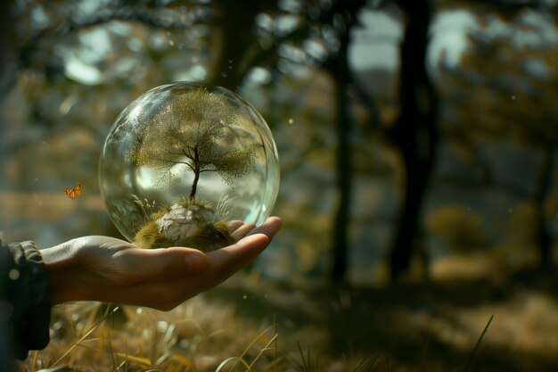 Une main d'homme tient une boule de verre avec un arbre