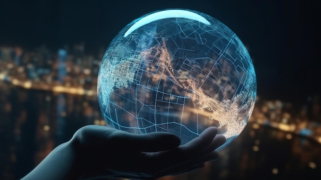 La main de l'homme tient un globe électronique tout en regardant la ville Illustration AI GenerativexA