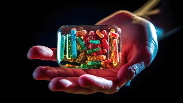 La main d’un homme tient des pilules multicolores