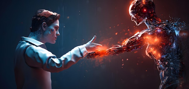 Photo main de l'homme touchant avec le doigt connexion numérique concept d'intelligence artificielle rendu 3d