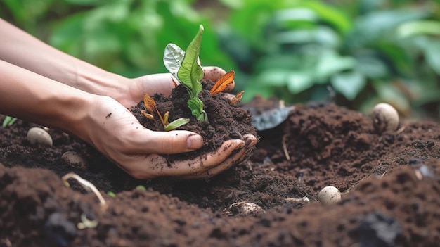 Main humaine et déchets organiques naturels pour la fertilisation du jardin en gros plan