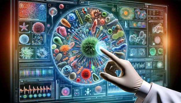 main humaine sur l'écran créant et analysant nano virus vérifier bactéries médecine futur
