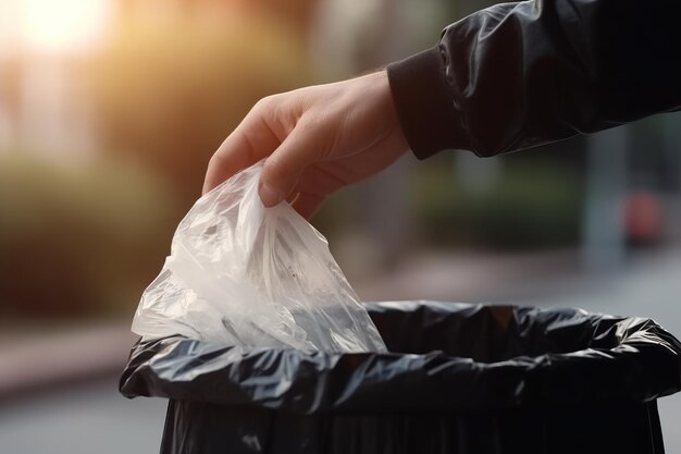 Une main humaine jette un sac en plastique dans une poubelle de rue.