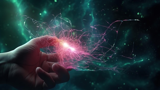 Main humaine avec ligne au néon Concept futuriste de web en couleur cyberpunk IA générative