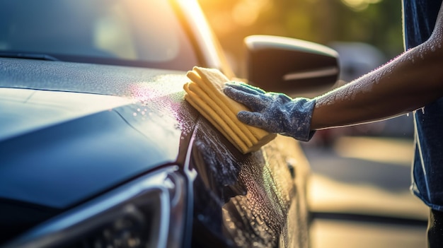 La main humaine montre nettoyer et laver la voiture