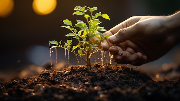 La main humaine montre le sol avec une plante