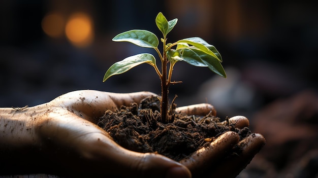 La main humaine montre le sol avec une plante