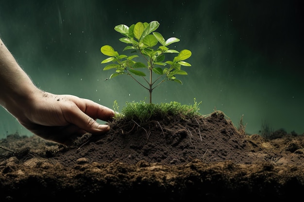 La main humaine plantant des arbres sur le sol Concept de la nature Illustration IA générative