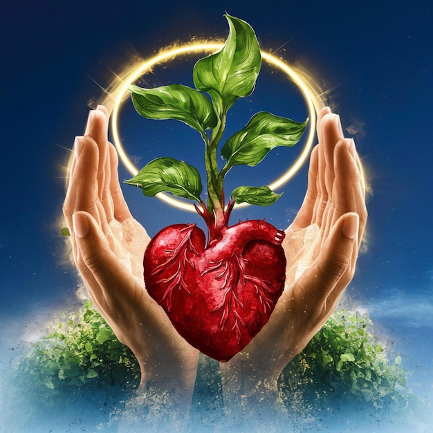 Main humaine avec une plante d'arbre et une image de cœur en arrière-plan