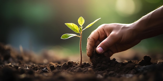 La main humaine plante une jeune plante dans un sol fertile avec un fond bokeh vert