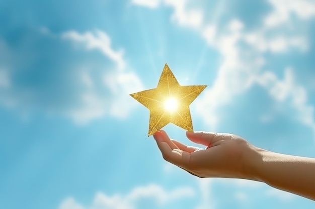 Main humaine tenant une étoile dorée sur le fond du ciel bleu