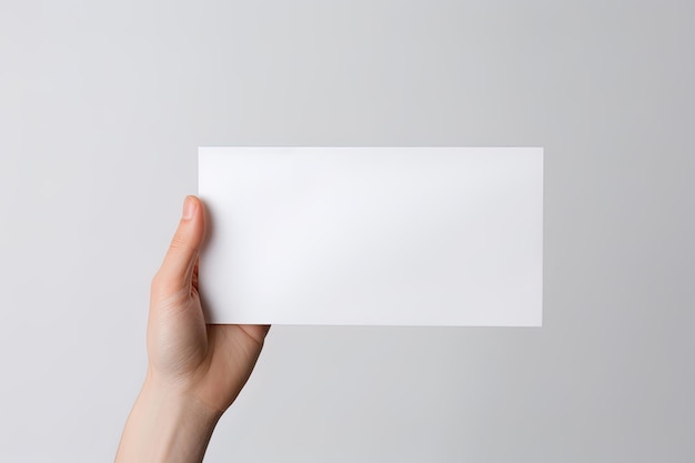 Une main humaine tenant une feuille de papier blanc ou une carte isolée sur fond blanc