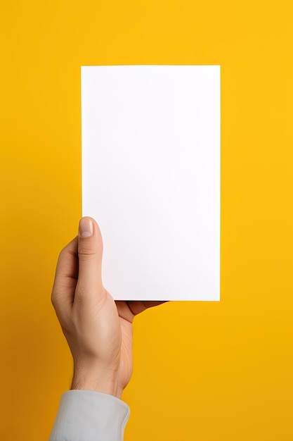 Une main humaine tenant une feuille de papier blanc ou une carte vierge isolée sur fond jaune