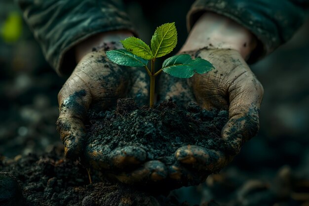 La main humaine tenant une jeune plante dans un sol fertile symbolisant la croissance et l'écologie