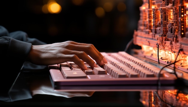 Main humaine travaillant à l'intérieur, mélangeant de la musique sur un clavier d'ordinateur généré par l'intelligence artificielle