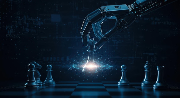 Une main d'IA déplace un roi sur un échiquier représentant la connexion entre l'intelligence artificielle