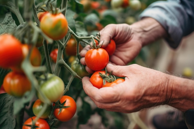 Main de jardinier cueillir la tomate rouge générative ai