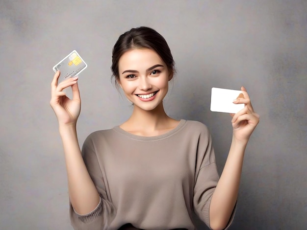 La main d'une jeune femme d'élégance attrayante montrant une maquette de carte de crédit AI_Generated
