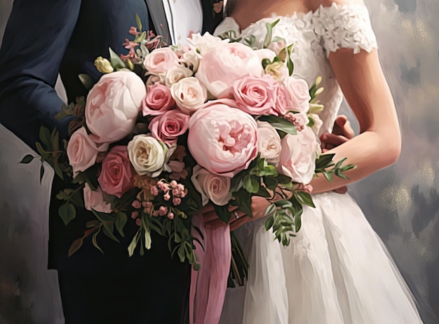 Main d'une jeune fille avec un bouquet de fleurs fleurs le jour du mariage