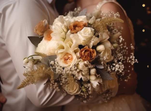 Main d'une jeune fille avec un bouquet de fleurs fleurs le jour du mariage