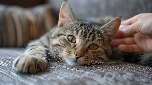 La main jouant avec le chat sur un canapé