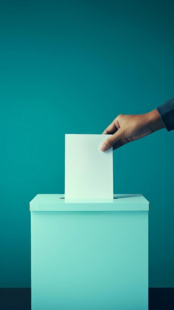 La main laissant tomber un bulletin de vote dans une urne sur un fond bleu turquoise