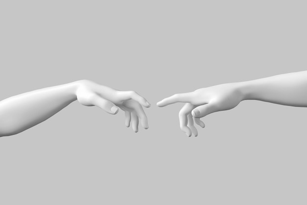 Main à main Abstrait Imitation de la création d'Adam par Michel-Ange Dieu et Adam Mains sur un fond blanc Rendering 3D