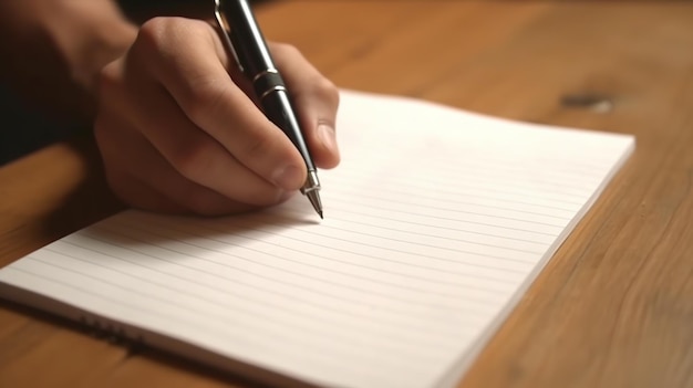 Main masculine écrivant dans un cahier avec un stylo noir sur une table en bois IA générative