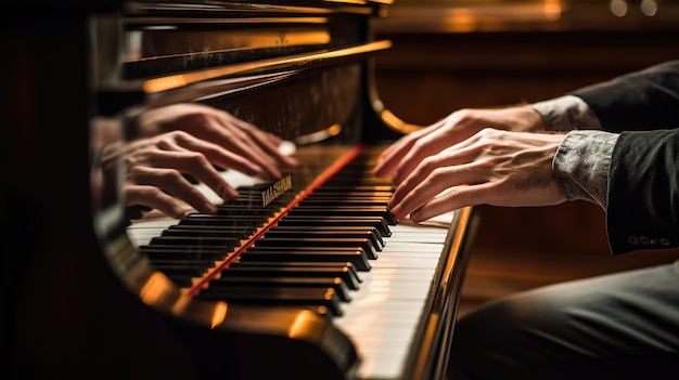 main masculine jouant le musicien de piano jouant du piano dans la pièce sombre générative AI AI générée