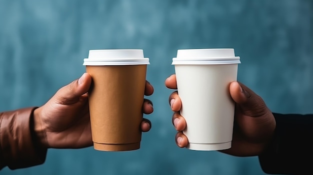 Main masculine tenant une tasse de café en papier sur le fond bleu