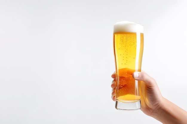 une main masculine tenant un verre de bière isolé sur fond blanc avec espace de copie